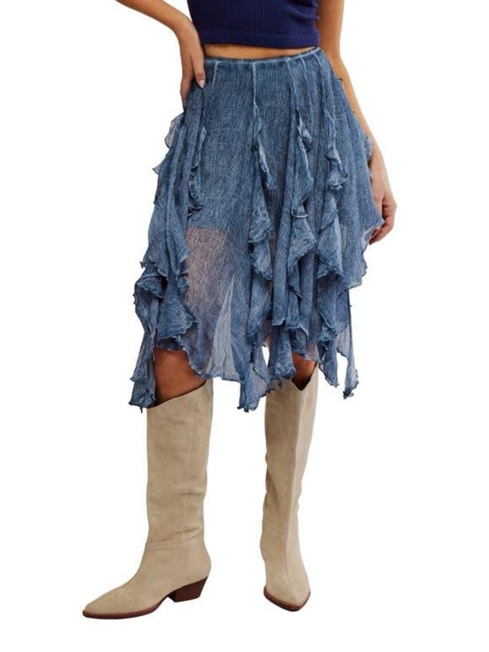 Free People Susanna Ruffle Handkerchief Hem Knee-Length Midi Skirt Blue